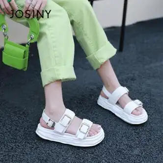卓诗尼凉鞋女日常休闲舒适女鞋平底圆头一字带搭扣运动凉鞋 白色 37