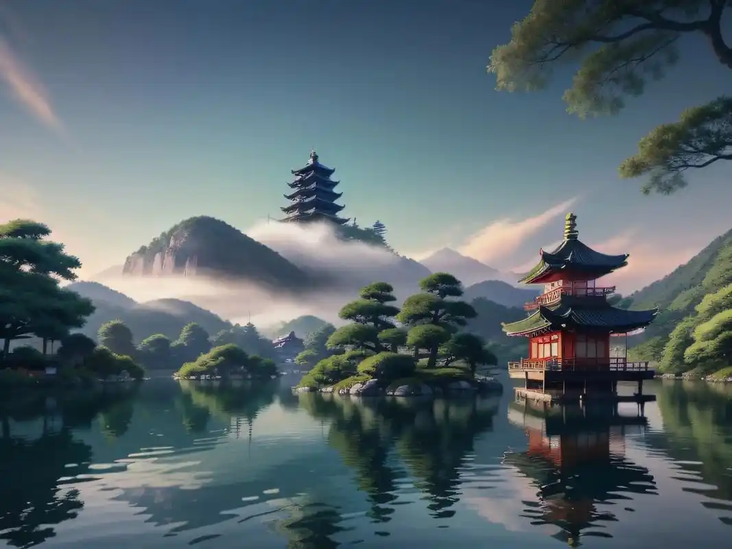 山水,亭台.#ai绘画 #唯美意境 #美图分享 #国风古韵  - 抖音