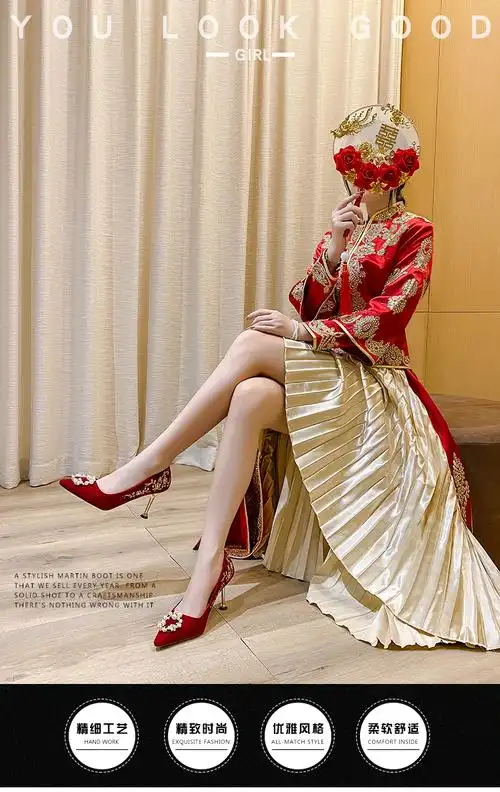 秀禾服婚纱两穿婚鞋女中式婚礼结婚鞋女红色高跟鞋新娘鞋子婚礼婚纱鞋