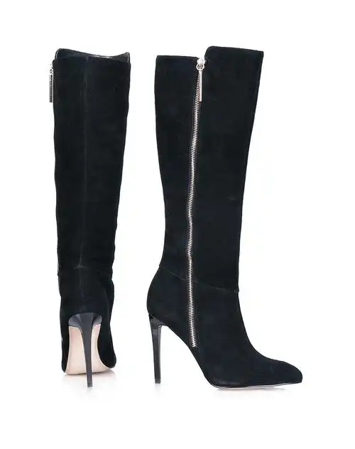 fcuk 黑色牛反毛绒面细高跟尖头长靴