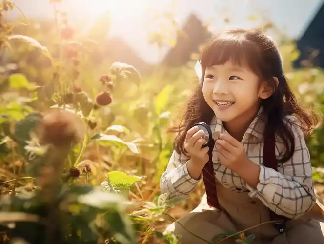 小女孩拿着放大镜儿童探索概念快乐幸福的未成年儿童小学生笑容嬉戏
