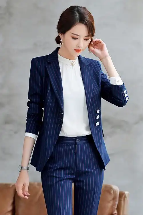 条纹西装职业套装女2019新款春季时尚气质修身女士西服面试正装商务