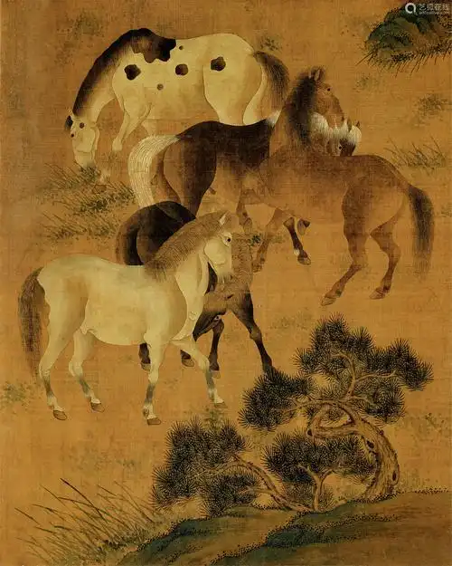 佚名五马图镜芯绢本
