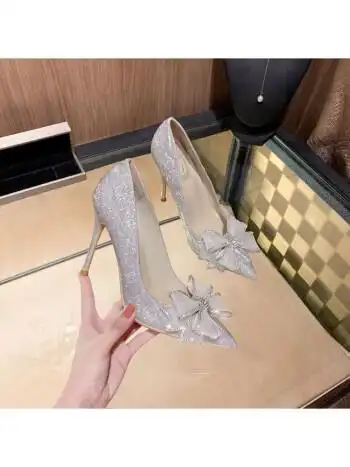 鞋单鞋女秋尖头仙女风蝴蝶结包头水钻细跟水晶伴娘鞋高跟 升级版银色