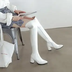白色美腿长靴女秋冬新款 高筒过膝靴显瘦侧拉链粗跟中跟骑士靴子