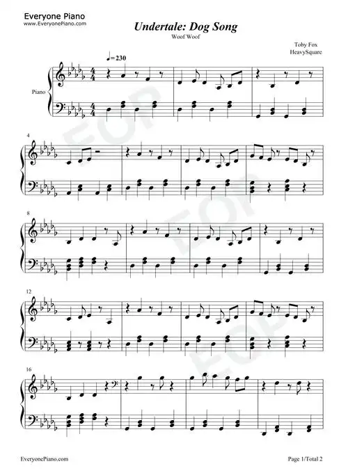 dogsong-undertale-传说之下五线谱预览1-钢琴谱文件(五线谱,双手简谱
