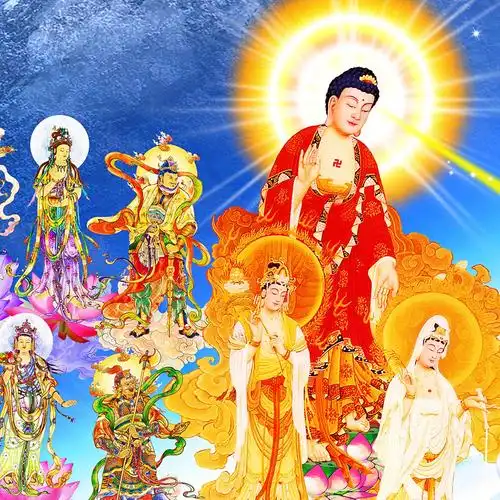 西方三圣接引图挂画阿弥陀佛画像极乐世界佛教结缘画卷轴画丝绸画