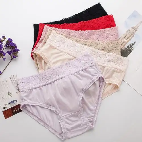 丝煌真丝内裤女100桑蚕丝薄款透气大码中腰性感蕾丝三角裤k033