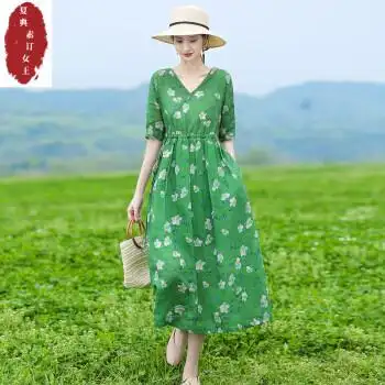 夏典素订棉麻女装官方夏款高端奢侈大牌高支苎麻连衣裙显瘦女装2022年