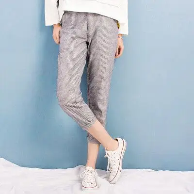 九分裤女春年棉麻商务休闲女装时尚竖条纹显瘦纯棉工装裤
