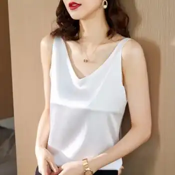 超薄冰丝吊带背心女可外穿吊带小背心女大码缎面无袖夏季白色s