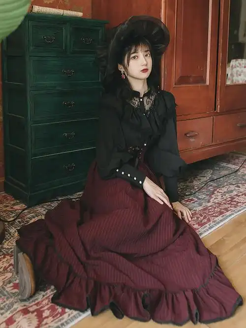 女装法式少女欧式复古长袖衬衫宫廷蕾丝古典两件套连衣裙女神