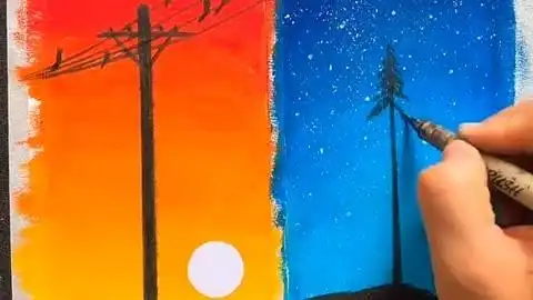 油画棒画白天与黑夜风景,步骤简单易学