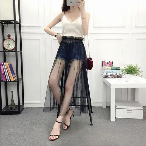 黑色百褶网纱半身裙2018新款夏透视外搭透明中长款单层一层纱罩裙