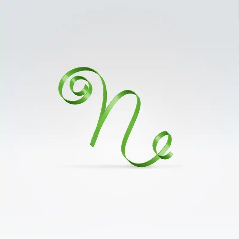 薄绿缎丝带字样,薄绿缎丝带悬在浅色背景字体小写字母 n 字母