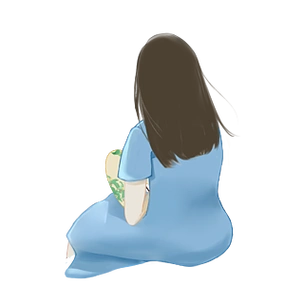 坐着的拿团扇的穿蓝色裙装的卡通女子背影