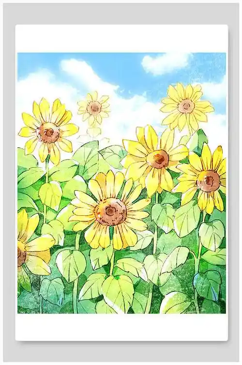 黄色向日葵夏天唯美插画