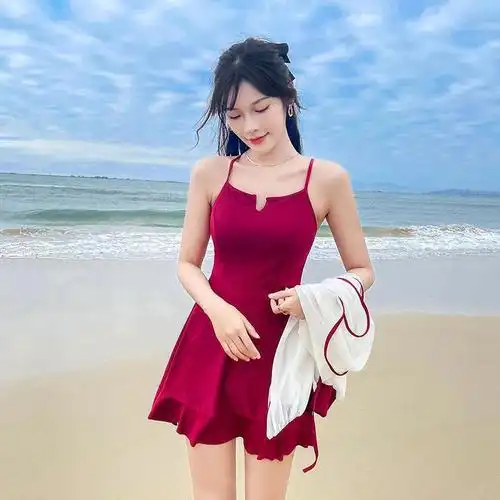 连体泳衣女长袖防晒保守遮肚显瘦海边度假ins超仙温泉裙式游泳装显白