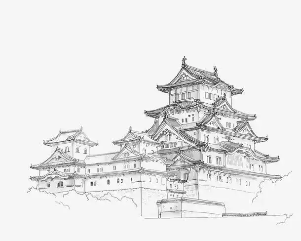 手绘黑色线条古风建筑