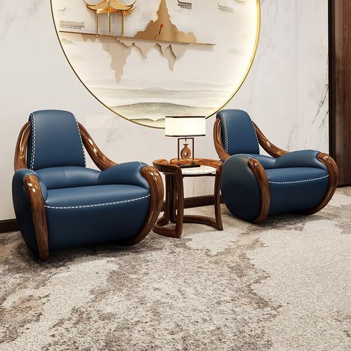 木家具实木真皮沙发头层牛皮休闲椅北欧单人洽谈椅老虎椅凳 普蓝色