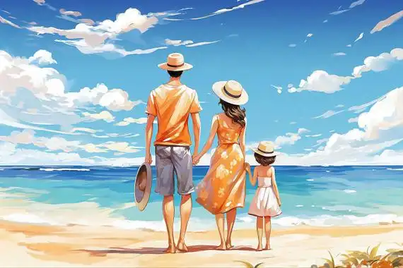 一家三口身穿夏装背影海边度假卡通ai插画夏天亲子旅游沙滩