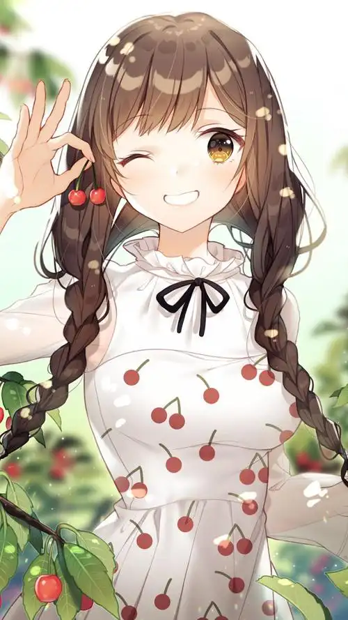 穿着樱桃装连衣裙可爱双马尾动漫美少女手机壁纸