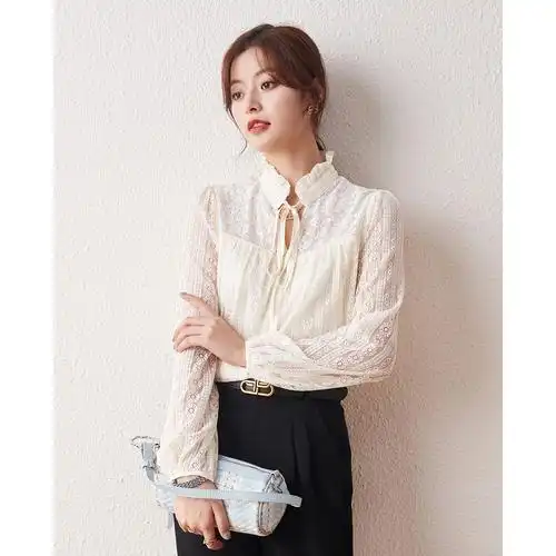 蕾丝衬衫春秋季修身显瘦甜美衬衣系带领拼接长袖女士网纱上衣
