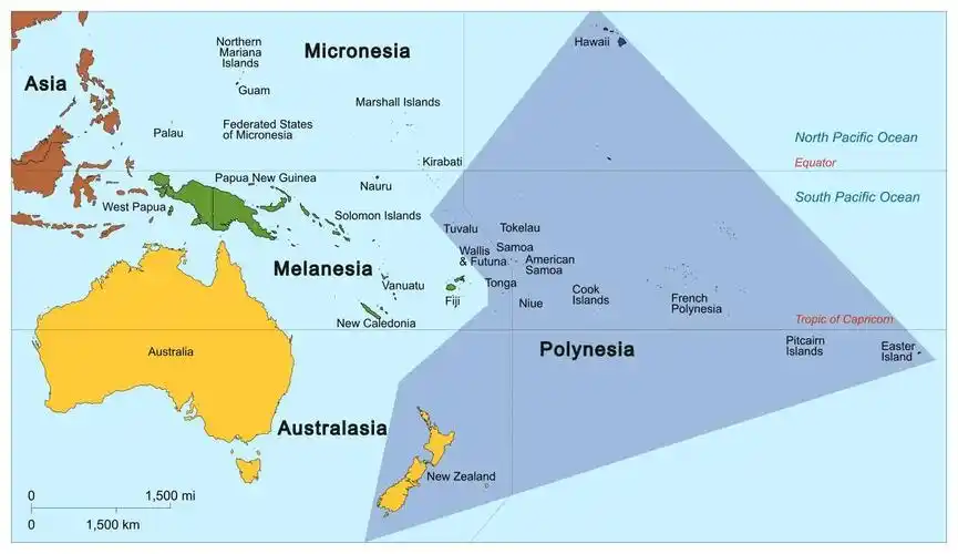 太平洋三大群岛的地图:密克罗尼亚群岛(micronesia);马来西亚群岛
