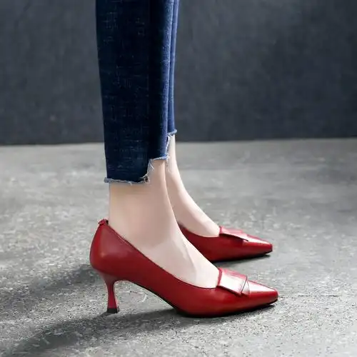 红色高跟鞋女细跟2020新款春季真皮单鞋浅口尖头百搭春秋中跟皮鞋