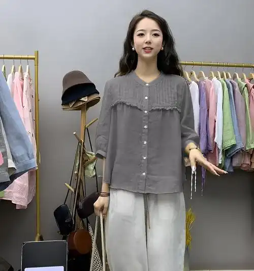 官图 文艺复古纯色苎麻上衣女士夏季七分袖休闲时尚显瘦开衫衬衣 - 17