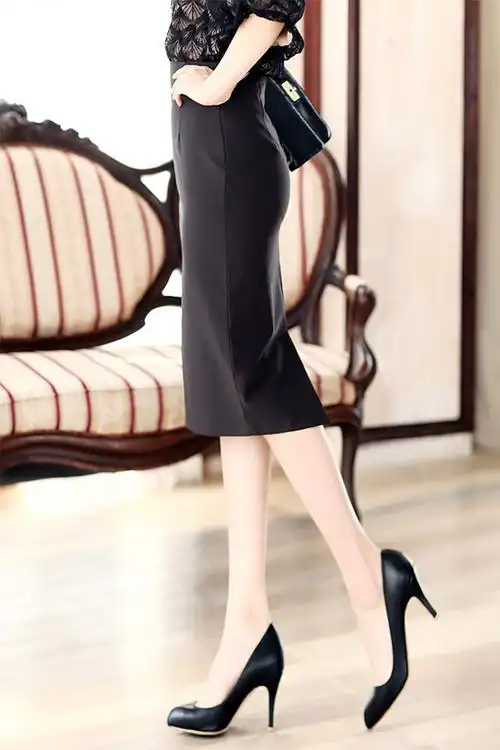 高腰包臀半身裙中裙女夏款薄 时尚ol过膝职业一步裙西装修身 开叉