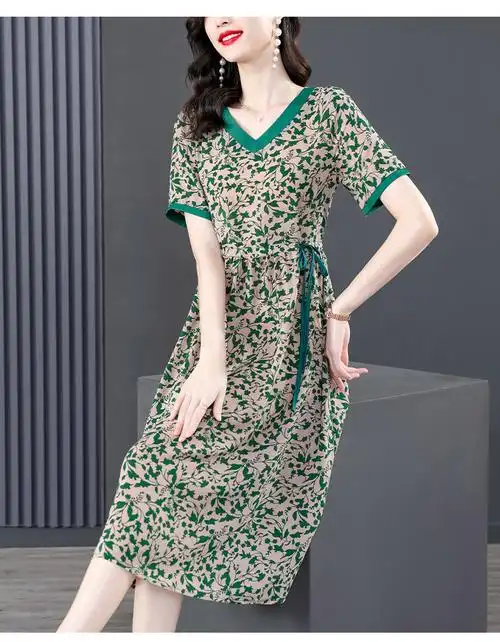 180克冰丝连衣裙套头夏季大码印花大摆裙显瘦气质过膝长裙有口袋 - 17