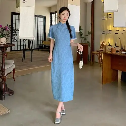 实拍现货#150小矮个子民国风改良新中式旗袍连衣裙夏季a字中长款 - 17