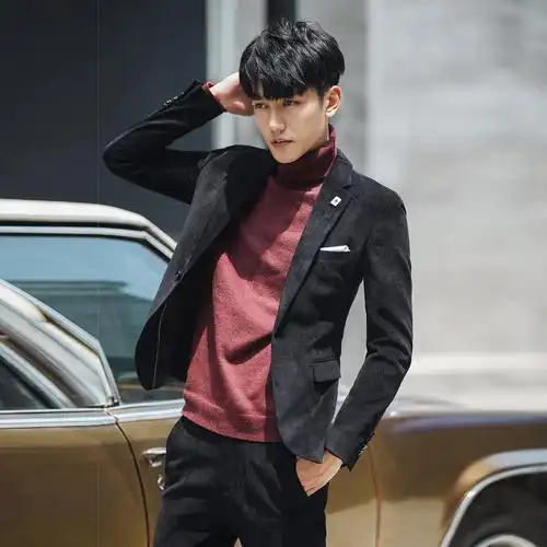 包邮 灯芯绒西服套装男青年韩版帅气夜场网红社会小伙精神修身西装