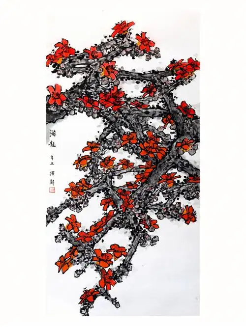 中国画水墨设色写意花鸟木棉花