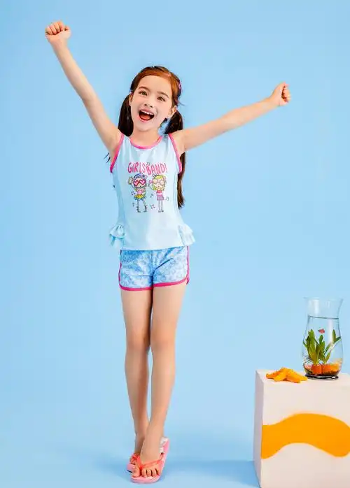 361度儿童游泳衣女童小中大童无袖分体平角宝宝公主可爱泡温泉泳衣浅