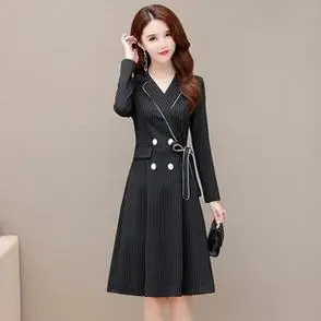 女装 西装 黑色条纹连衣裙 领双排扣长袖 系带中长裙