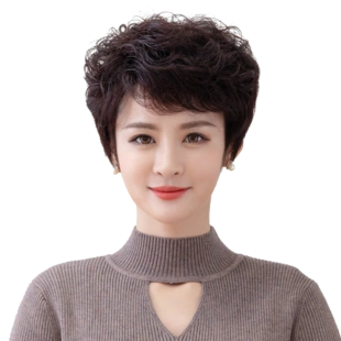 假发女短发短卷发女士真发中老年自然造型妈妈全头套发套发型圆脸