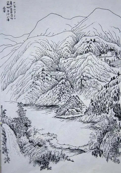 素描画稿山石林木风景画3幅山水风景图简笔画风景速写简笔画速写风景