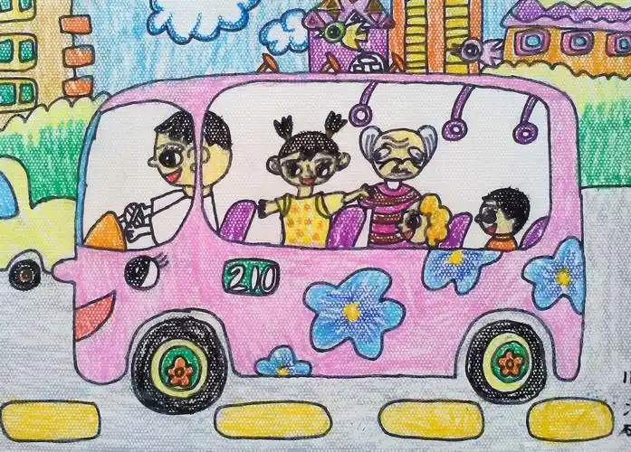 少儿书画作品-礼让的公交车上/儿童书画作品礼让的公交车上欣赏_中国