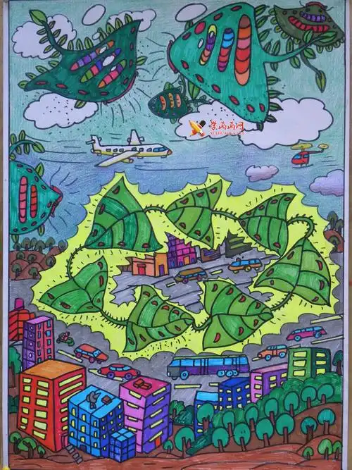 一等奖环保儿童科幻画获奖作品《飞鳐》