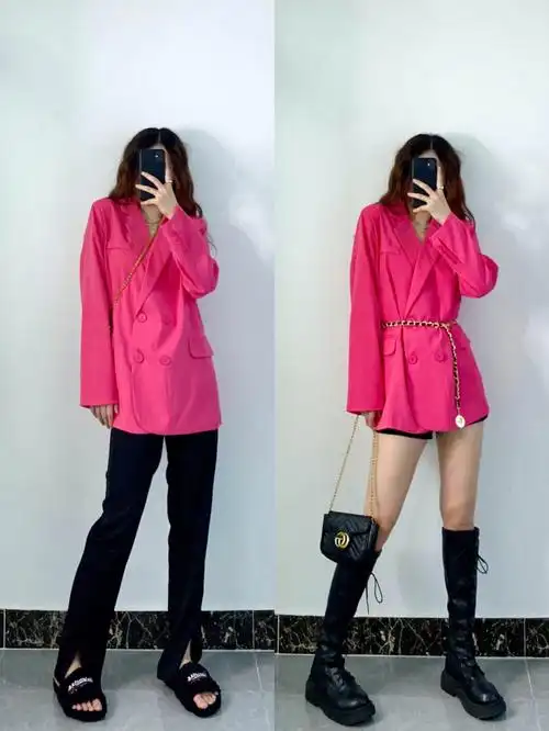 pdd56玫红色西装外套颜色也太显白了