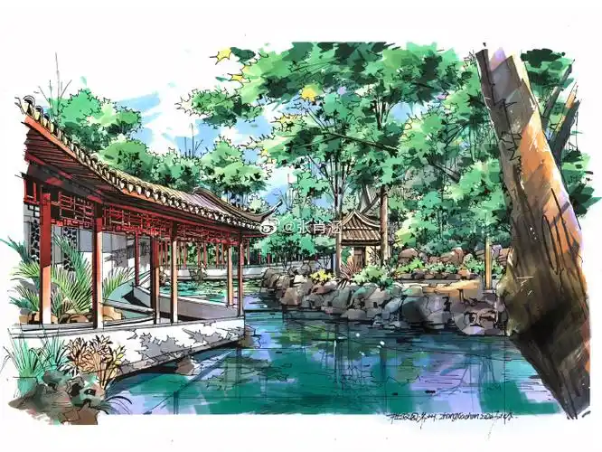 手绘古典园林拙政园线稿 马克笔上色步骤91拙政园以水为中心,山水