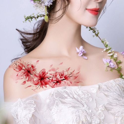 彼岸花纹身贴防水女花臂性感锁骨腹部遮疤贴纸ins风仿真刺青【图片