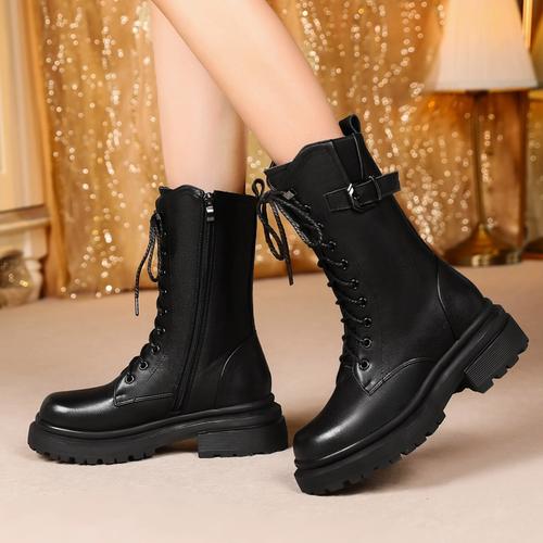 真皮马丁靴女士中筒靴加厚羊毛女靴皮毛一体靴子加绒棉鞋长靴女款