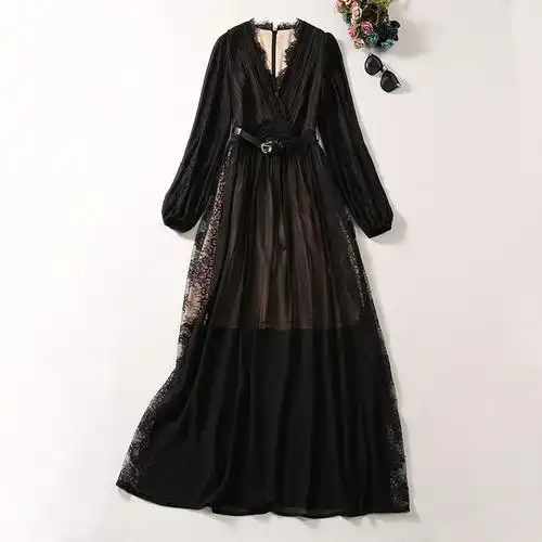 欧洲站2023早秋新款设计感皱褶蕾丝拼接高端黑色宴会礼服连衣裙女