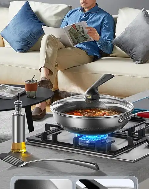 康巴赫第五代炒锅不粘锅抗菌不锈钢炒菜锅32cm少油烟双面花纹pro蜂窝