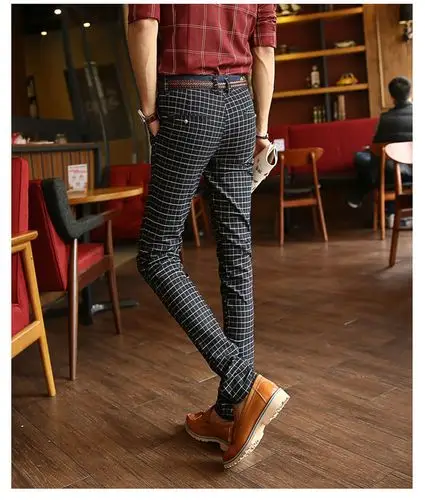 男休闲裤格子修身直筒型男士裤