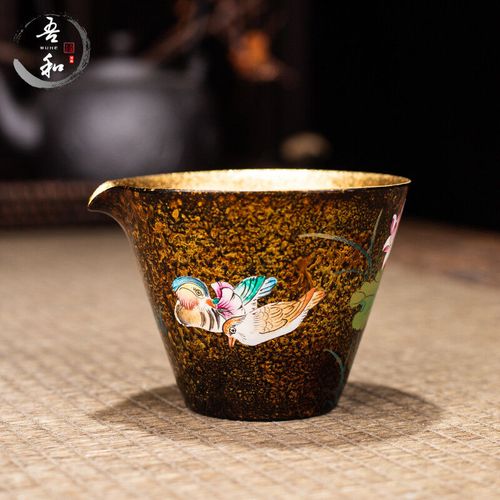 吾和漆器茶具天然大漆手工制作大漆分茶器中式手绘荷花陶瓷公道杯