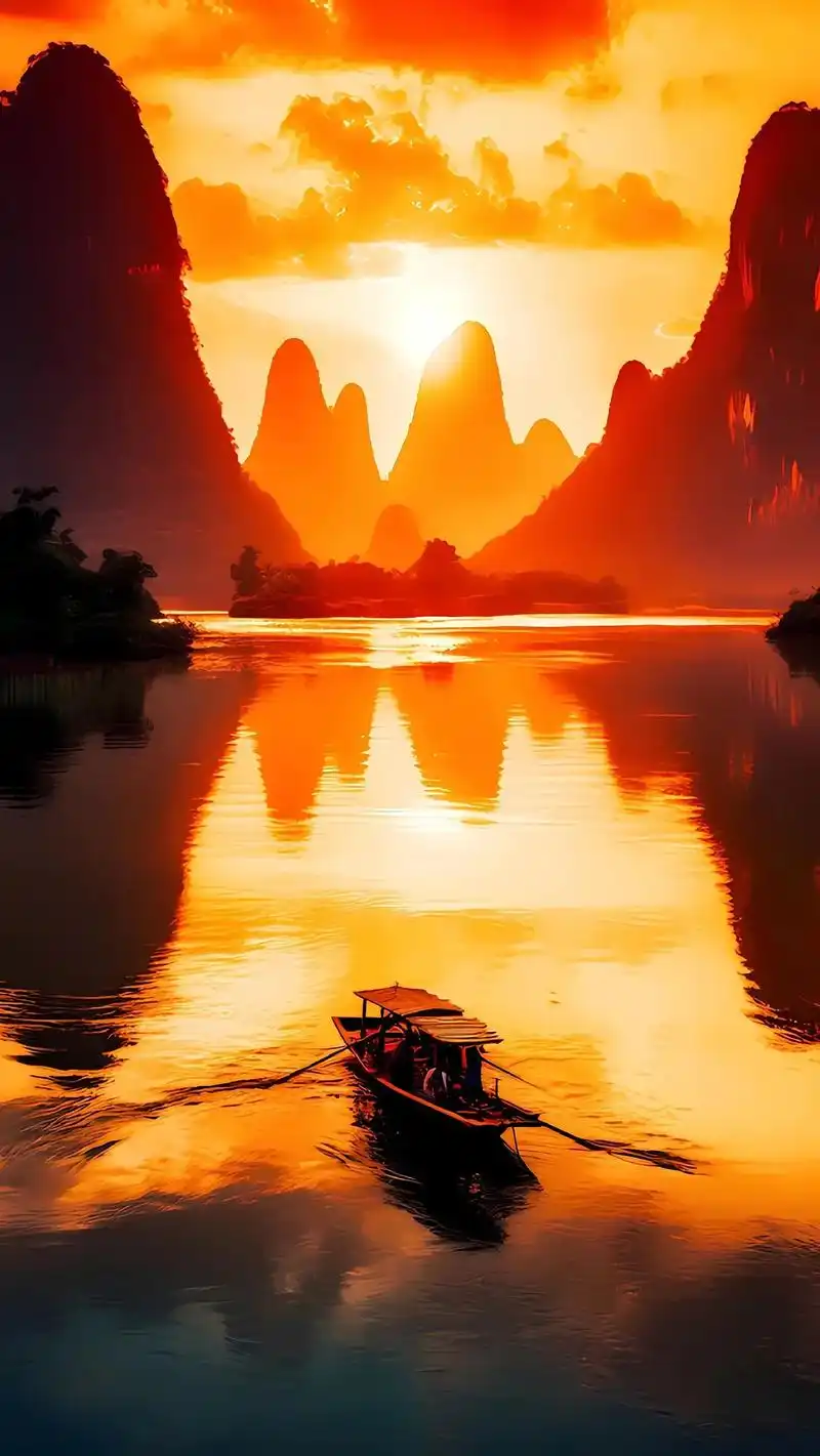 桂林山水甲天下.夕阳下的桂林山水,美不胜收.金黄色的阳光洒在 - 抖音